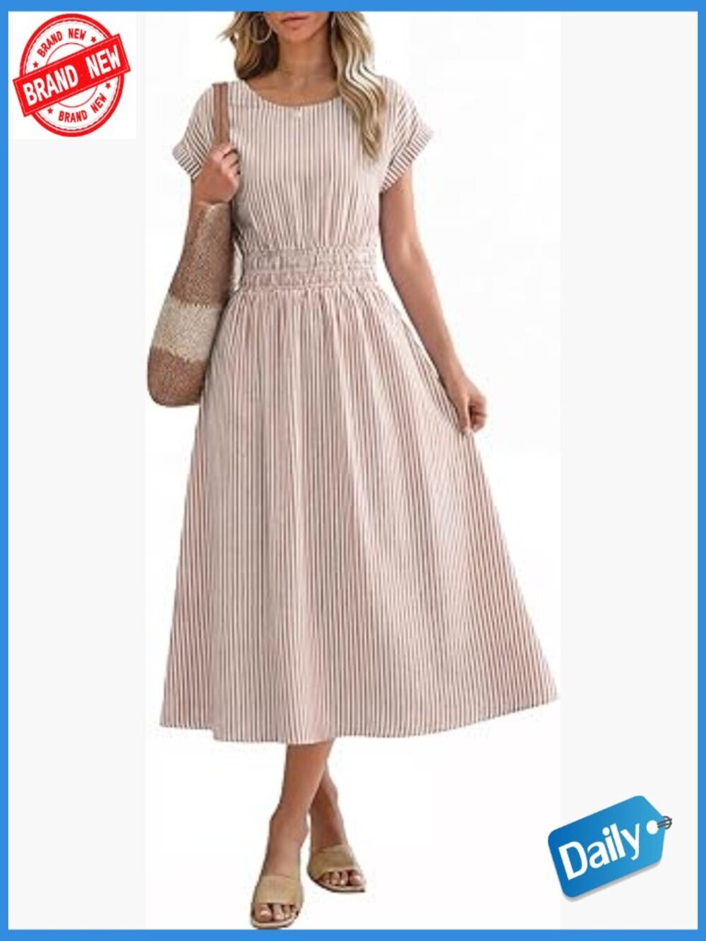 Striped Crewneck Short Sleeve Midi Dress with Pockets